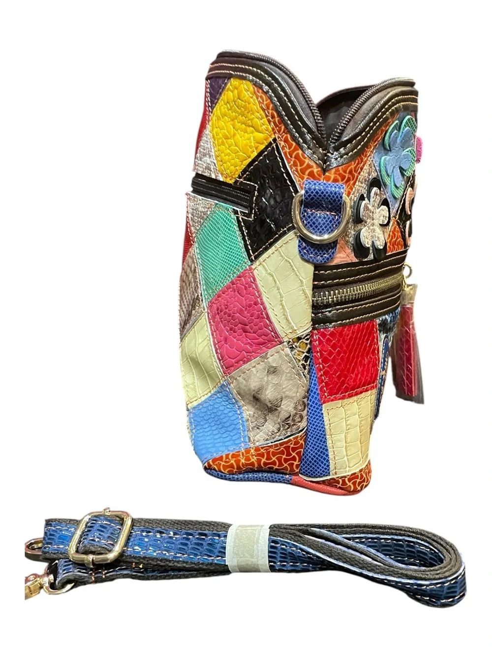 Colorful Patchwork Floral Crossbody Bag - Tassel Zips - Upcycled - Leather